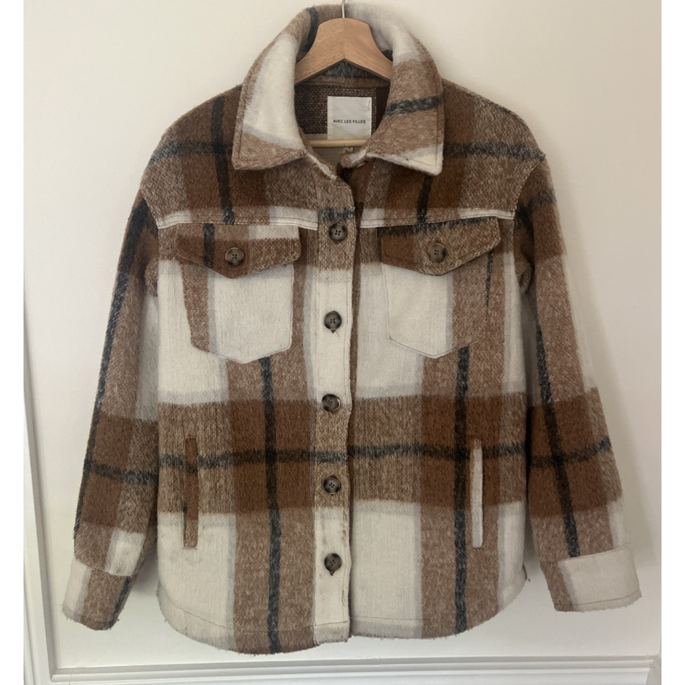 Avec Les Filles Plaid Shacket Jacket Button-Up Brown Cream Size Small